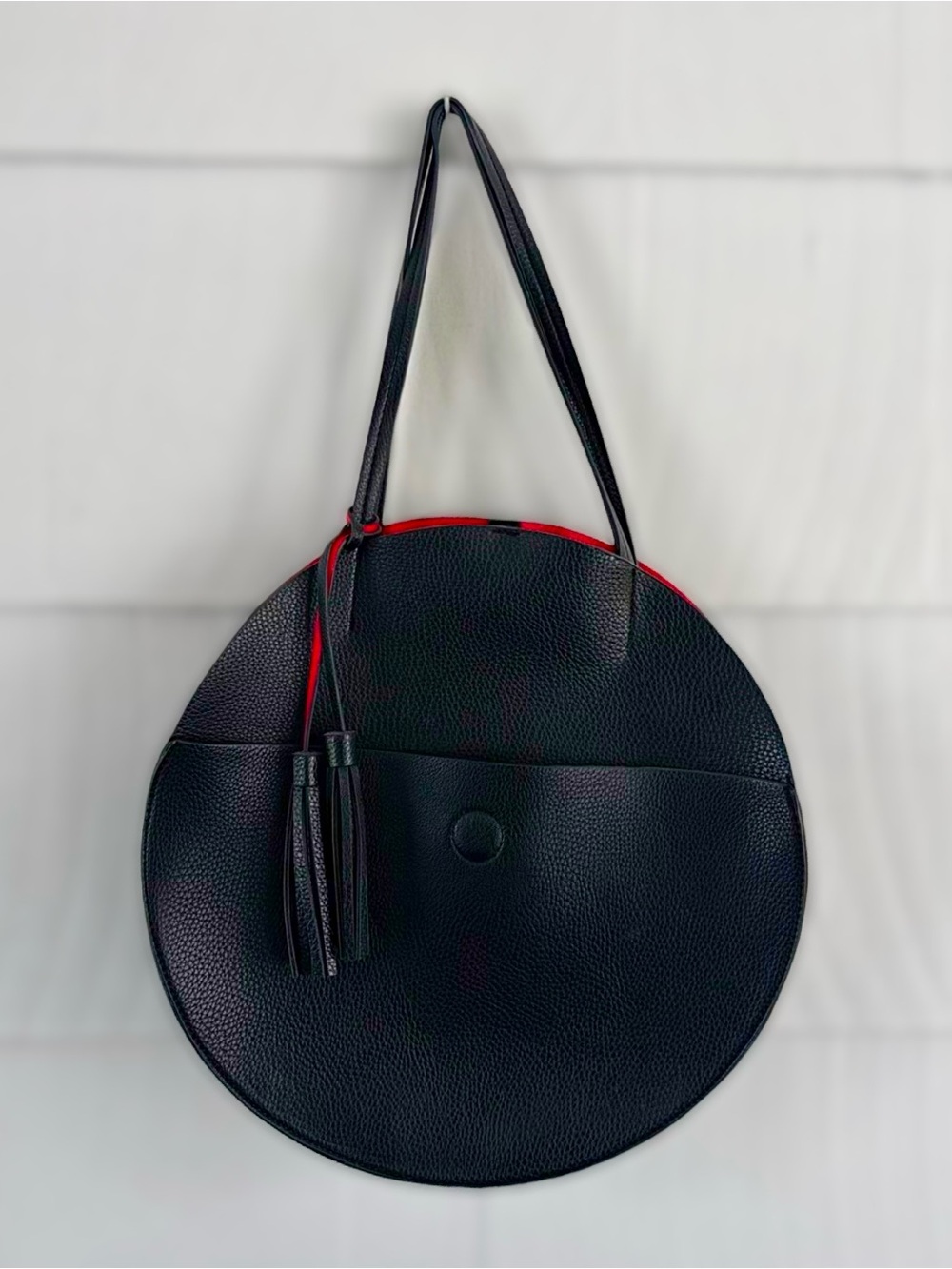 Anthropologie REMI/REID Alison Circle Tote Black Red Pebbled Vegan Leather